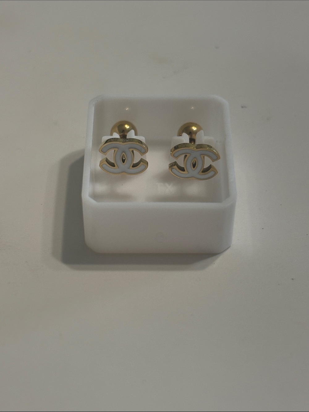 Gold & White CC Logo Stud Earrings